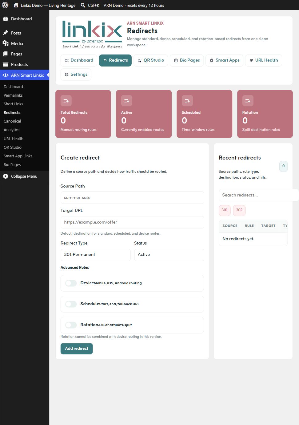 Redirects — source, target, and advanced rules