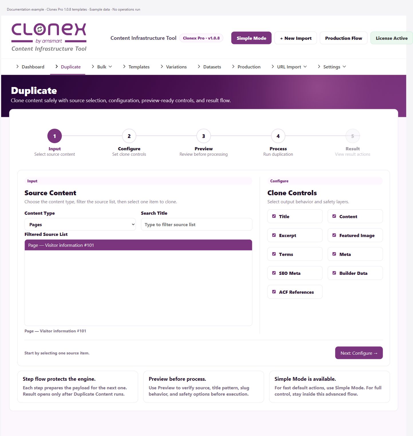 Duplicate — source selection and Clone Controls