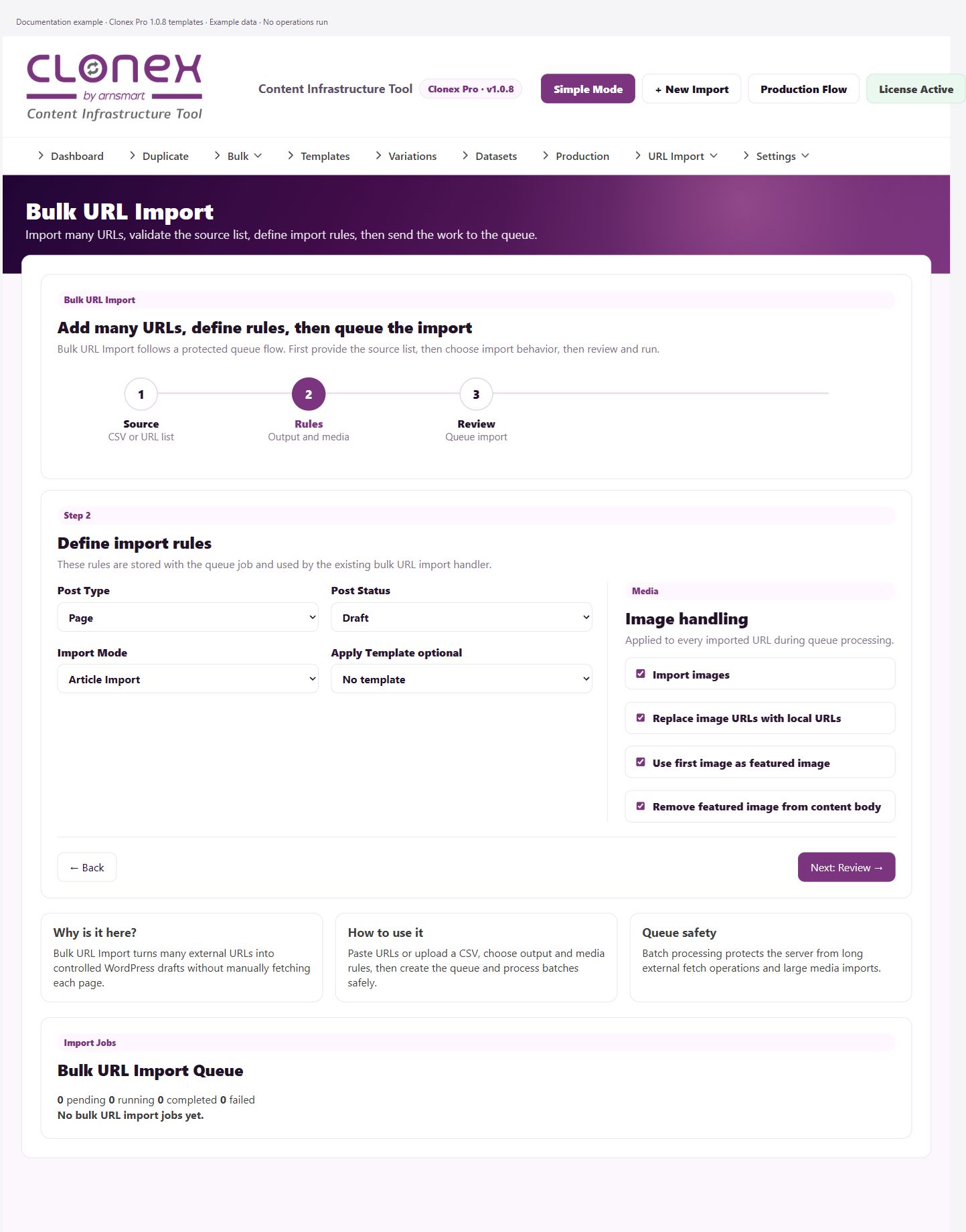 Bulk URL Import — output and image rules