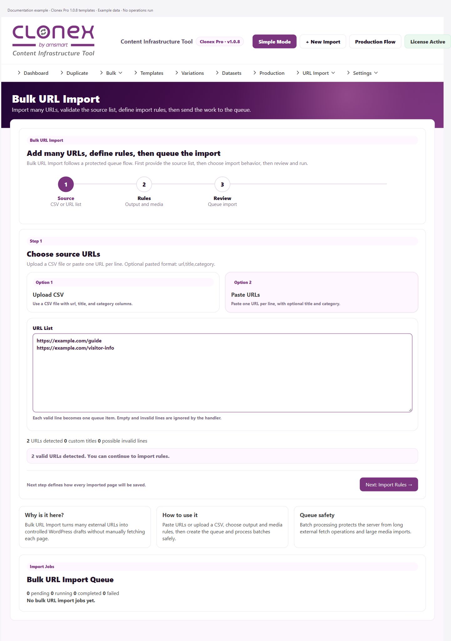 Bulk URL Import — example URL list