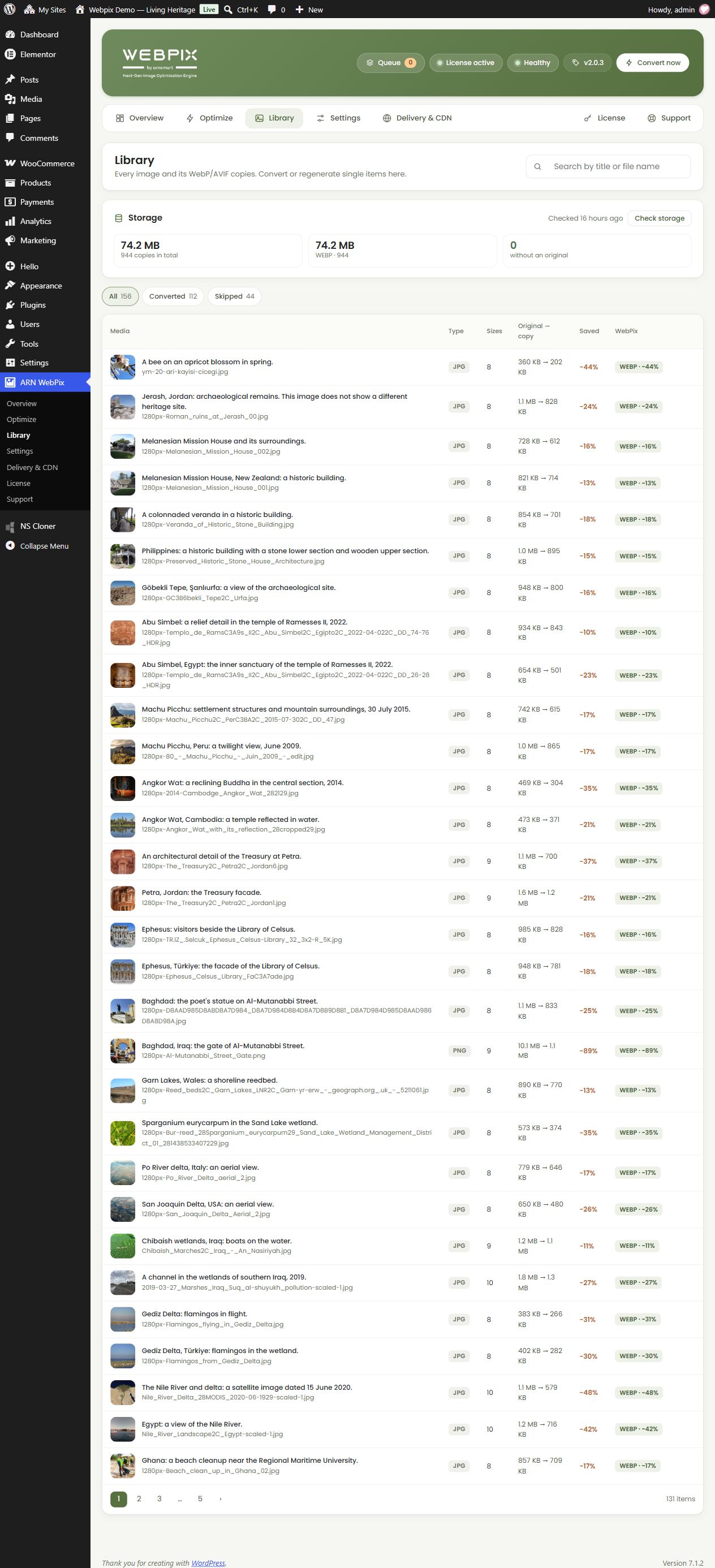Library: file sizes, savings, and conversion status