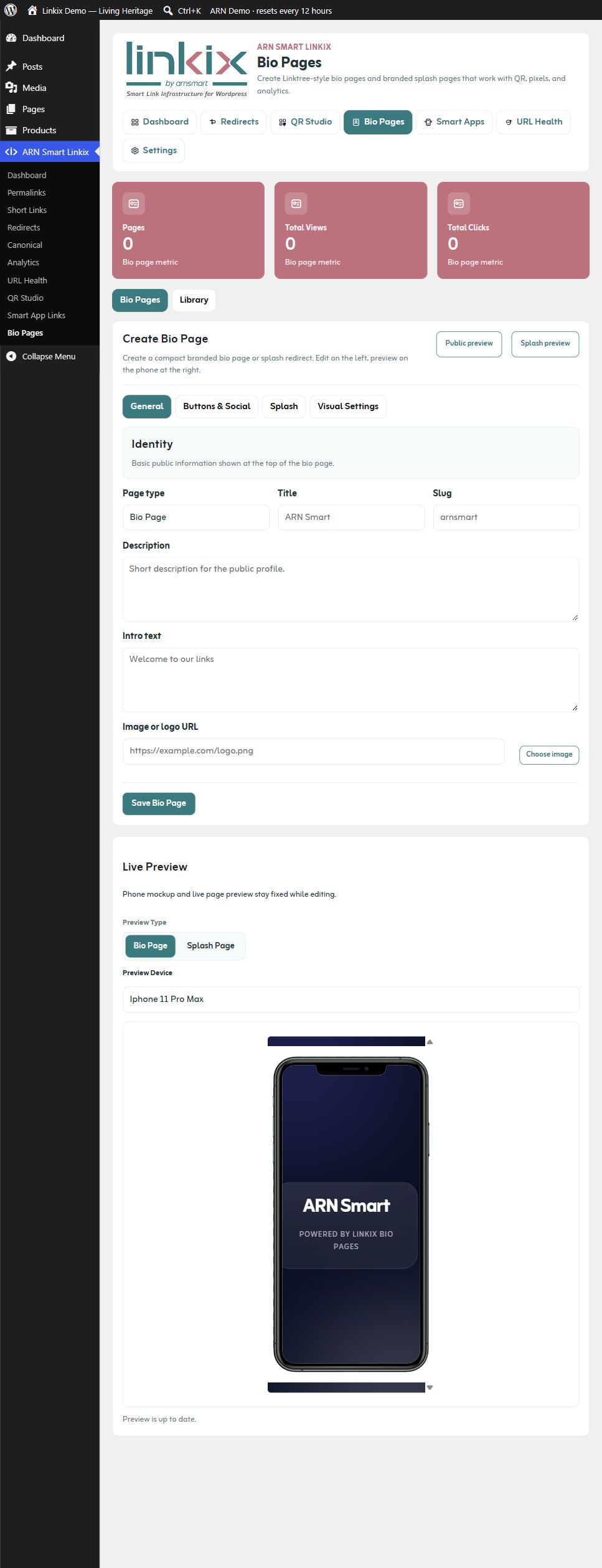 Bio Pages — identity and phone preview