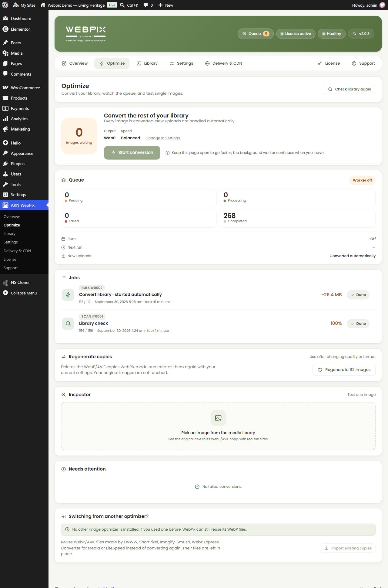 Optimize: Start conversion, Queue, and Jobs