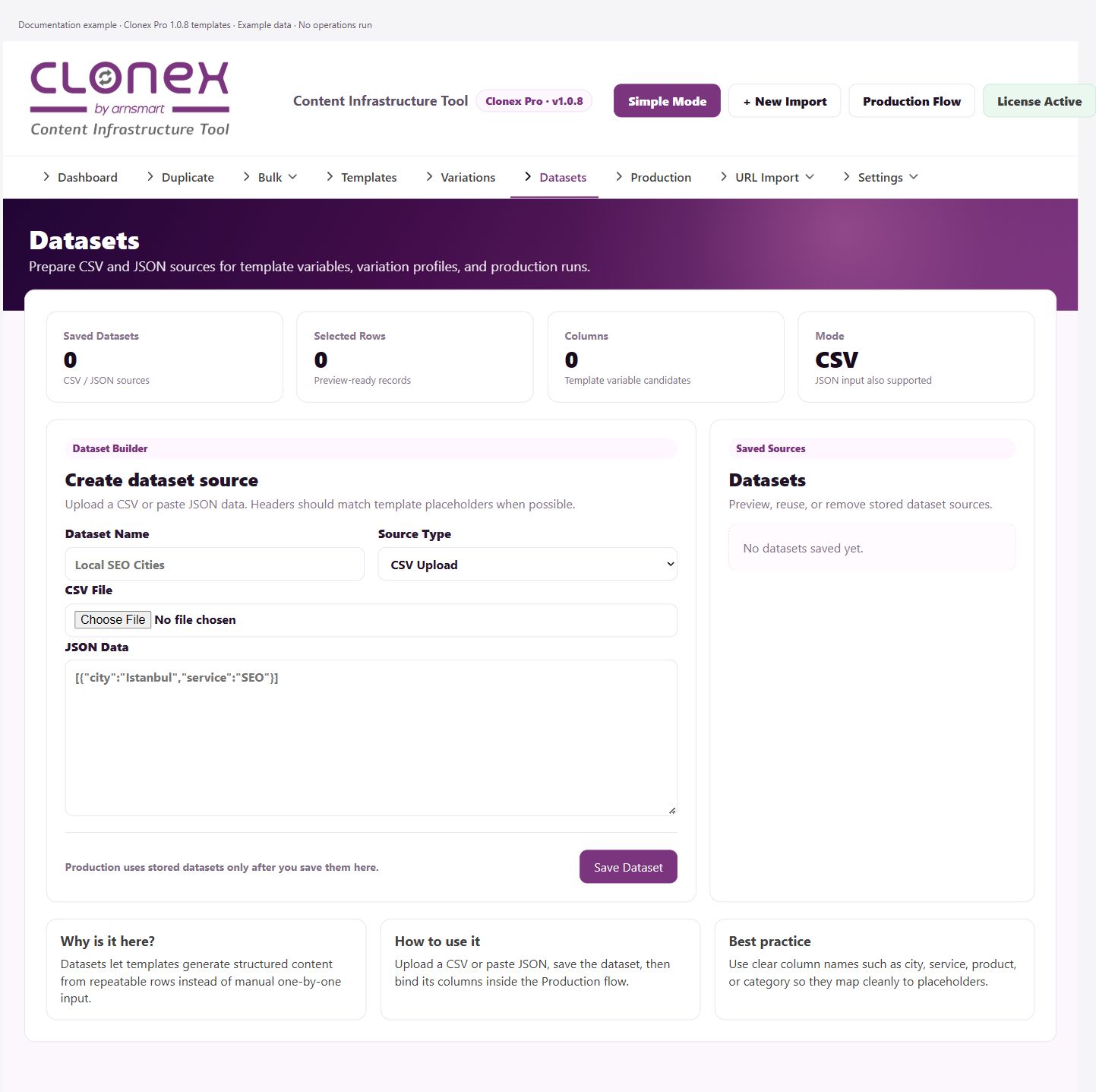 Datasets — CSV upload or JSON input