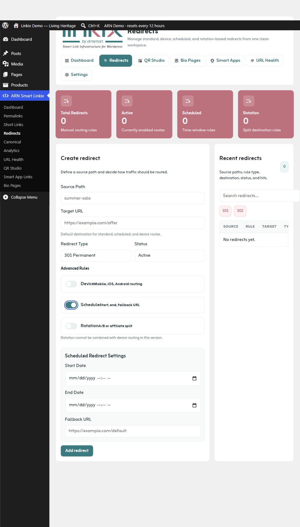 Redirects — scheduled destination