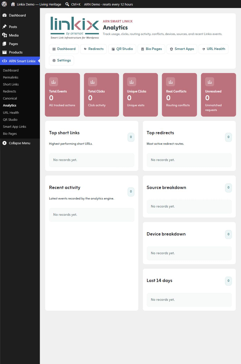 Analytics — clicks, sources, devices, and recent activity